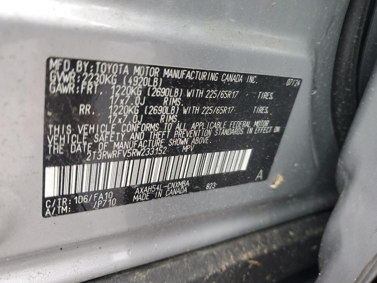 2024 TOYOTA RAV4 XLE VIN:2T3RWRFV5RW233152