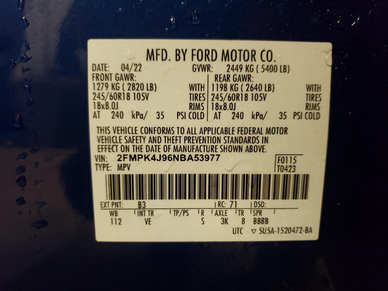 2022 FORD EDGE SEL VIN:2FMPK4J96NBA53977