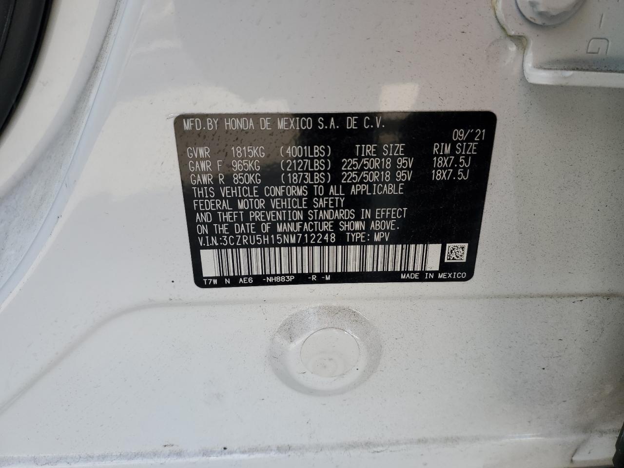 2022 HONDA HR-V SPORT VIN:3CZRU5H15NM712248