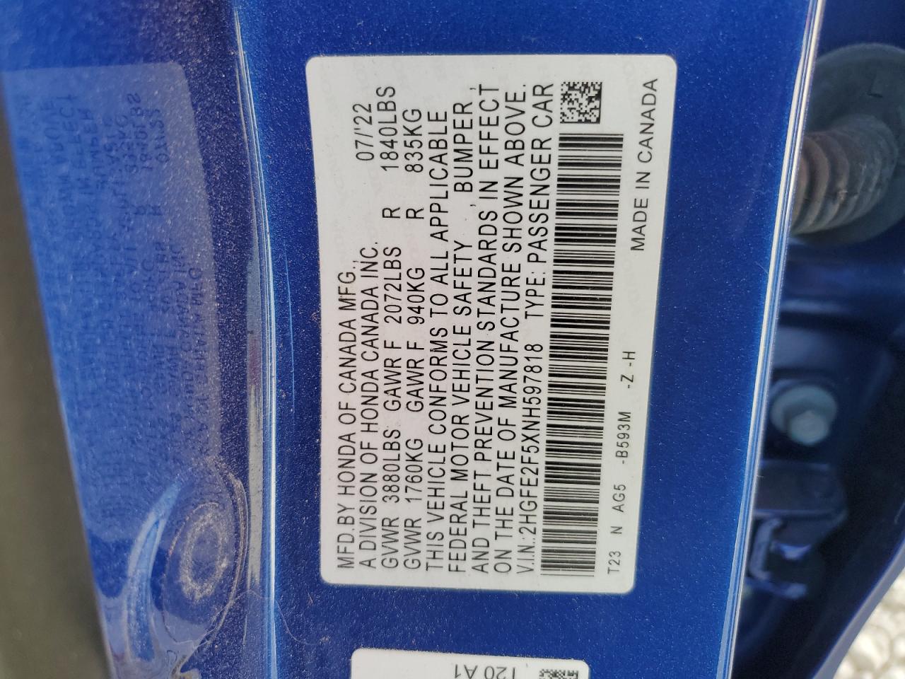 2022 HONDA CIVIC SPORT VIN:2HGFE2F5XNH597818