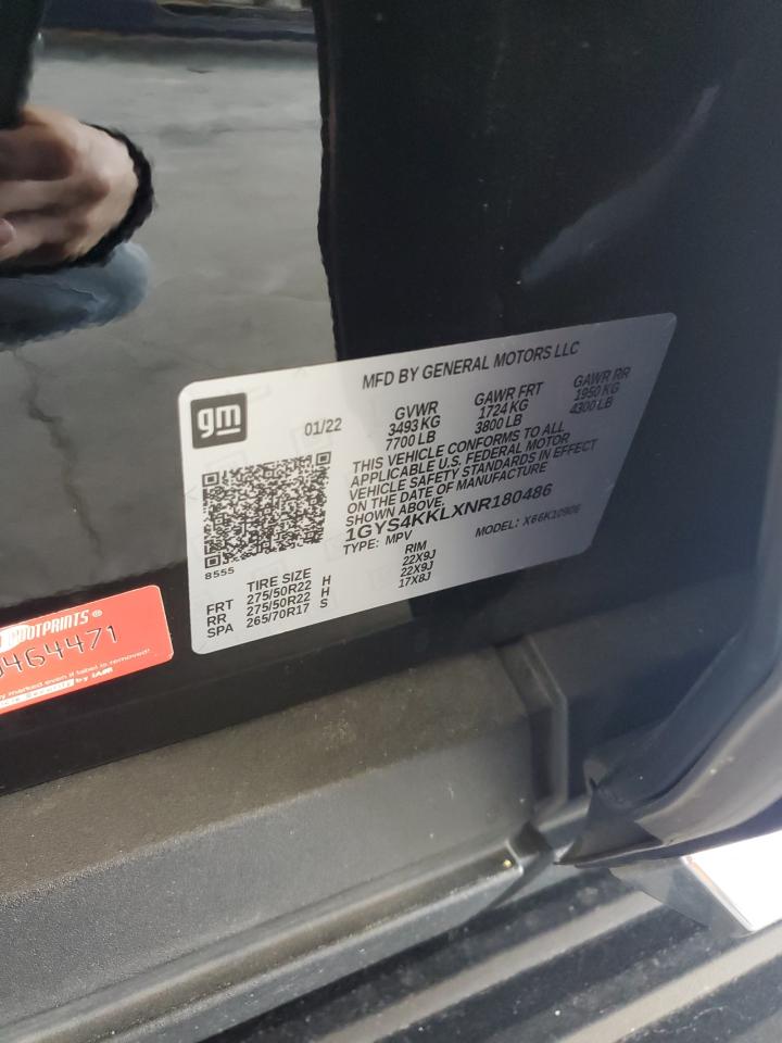2022 CADILLAC ESCALADE ESV PREMIUM LUXURY VIN:1GYS4KKLXNR180486