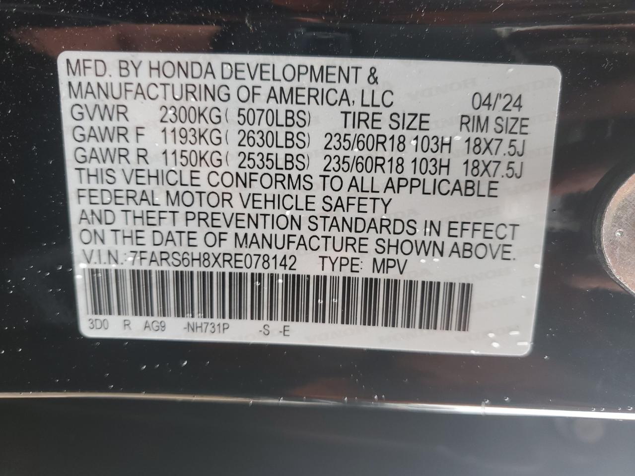 2024 HONDA CR-V SPORT-L VIN:7FARS6H8XRE078142