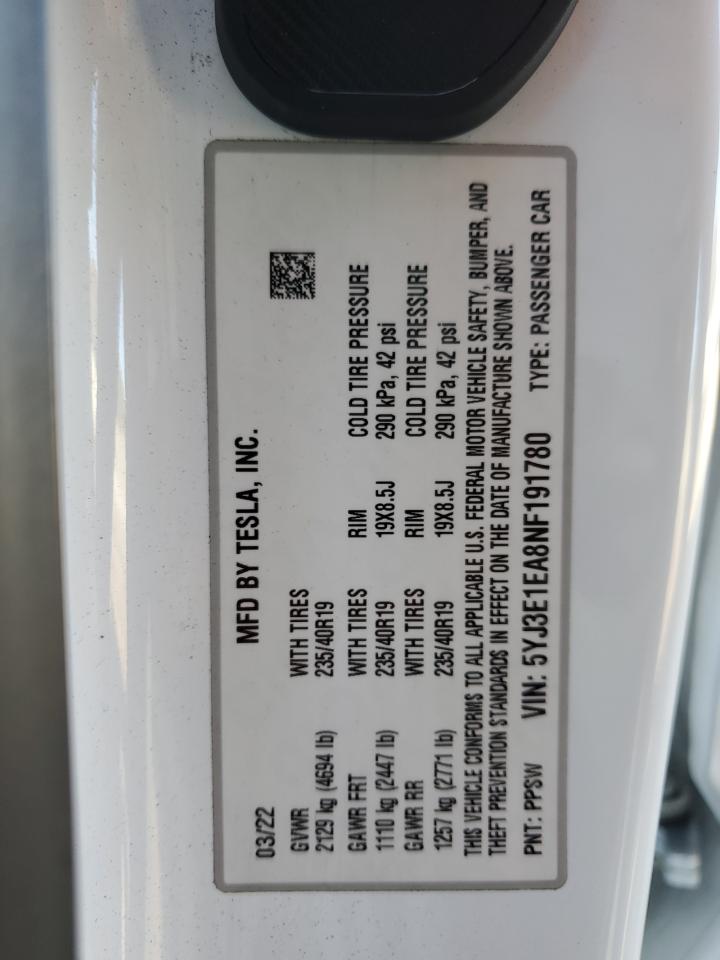 2022 TESLA MODEL 3  VIN:5YJ3E1EA8NF191780