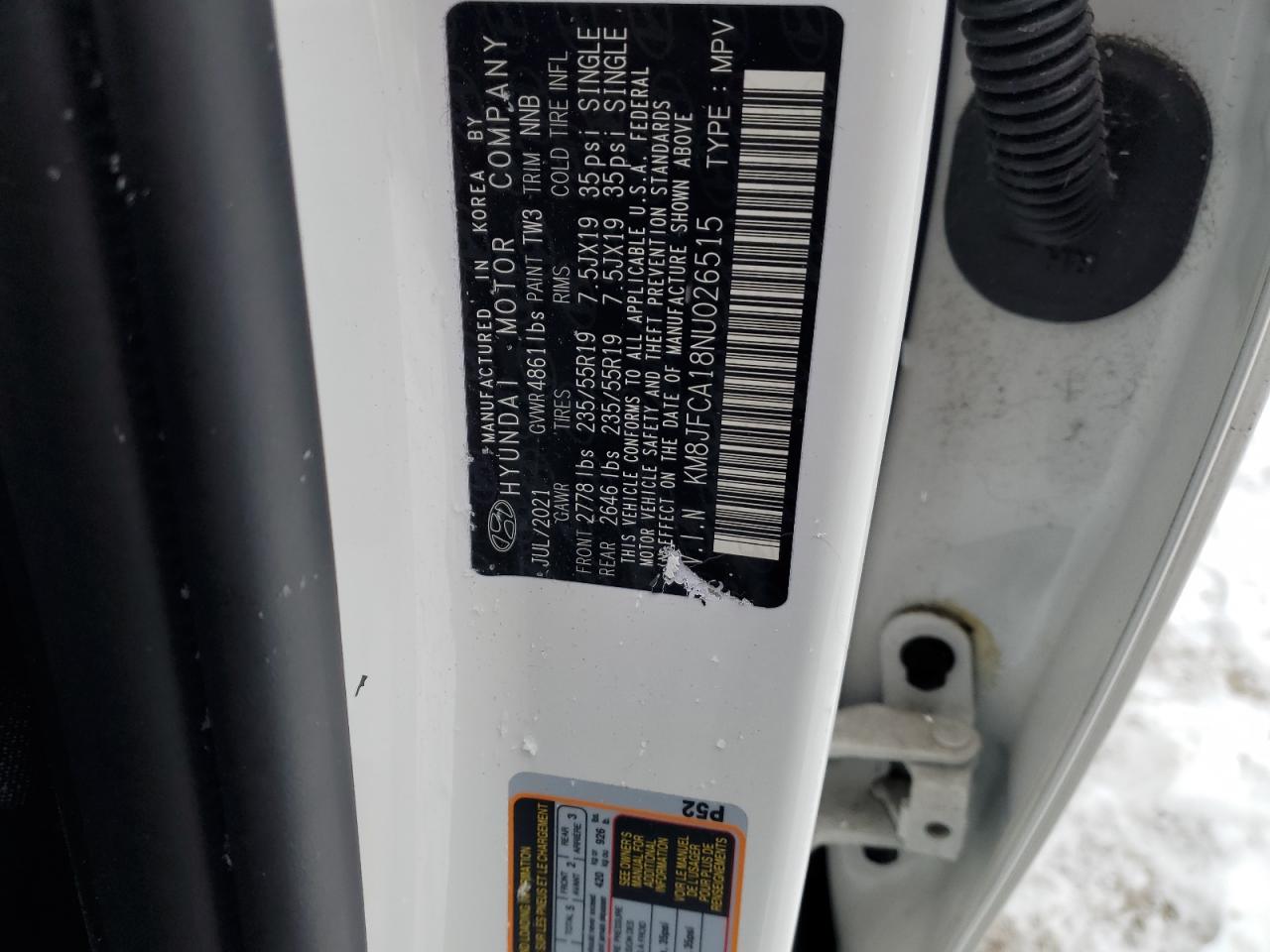 2022 HYUNDAI TUCSON SEL CONVENIENCE VIN:KM8JFCA18NU026515