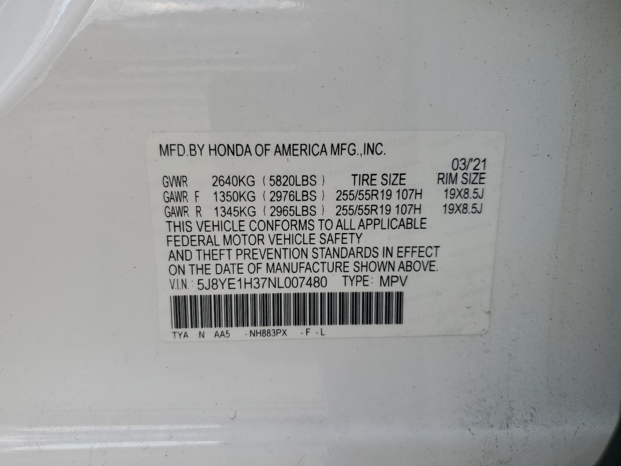 2022 ACURA MDX  VIN:5J8YE1H37NL007480