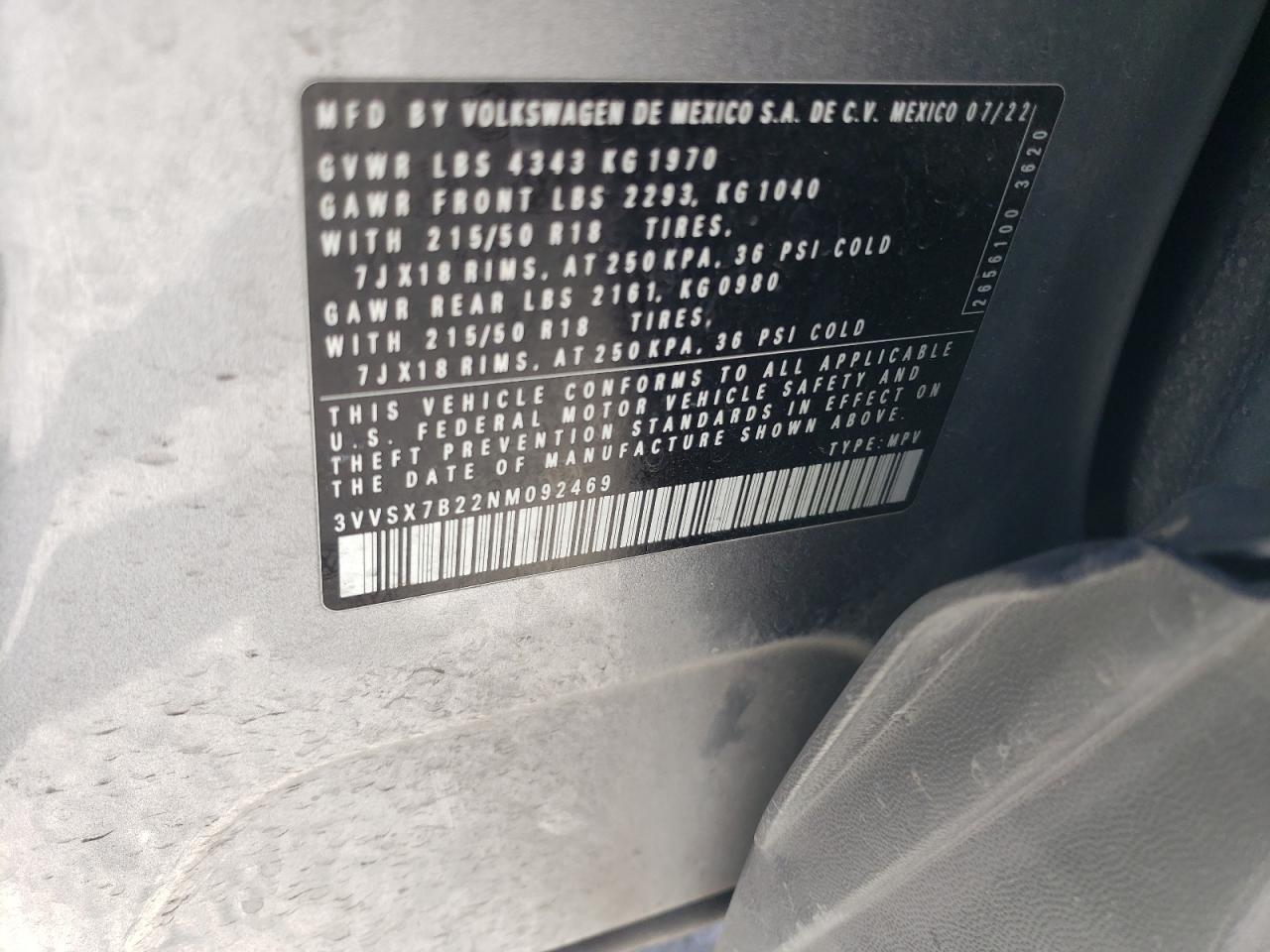 2022 VOLKSWAGEN TAOS SE VIN:3VVSX7B22NM092469
