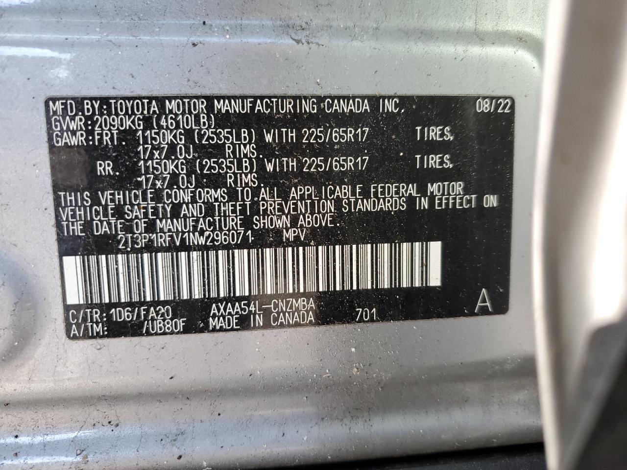 2022 TOYOTA RAV4 XLE VIN:2T3P1RFV1NW296071