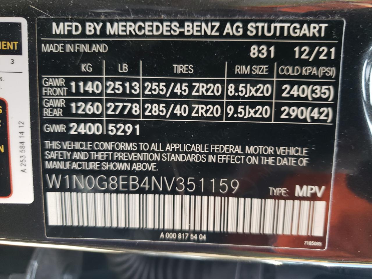 2022 MERCEDES-BENZ GLC 300 4MATIC VIN:W1N0G8EB4NV351159