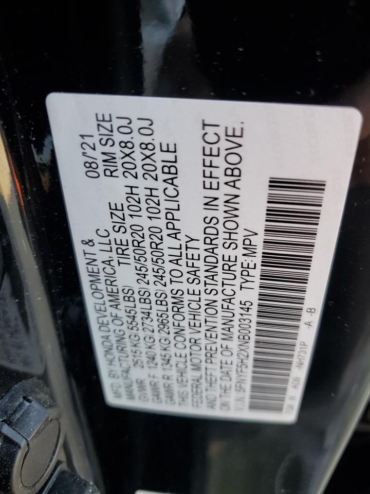 2022 HONDA PILOT SE VIN:5FNYF5H2XNB003145