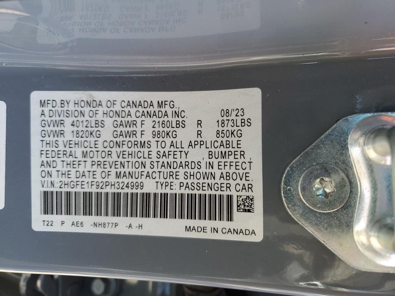 2023 HONDA CIVIC TOURING VIN:2HGFE1F92PH324999