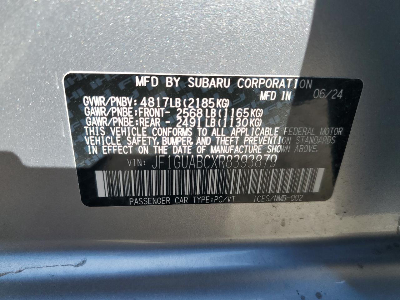 2024 SUBARU IMPREZA  VIN:JF1GUABCXR8393879