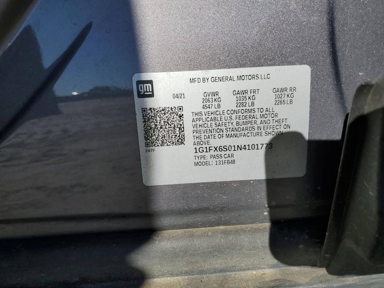 2022 CHEVROLET BOLT EV 2LT VIN:1G1FX6S01N4101773