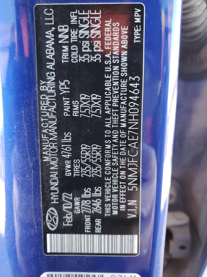 2022 HYUNDAI TUCSON SEL VIN:5NMJFCAE7NH094643