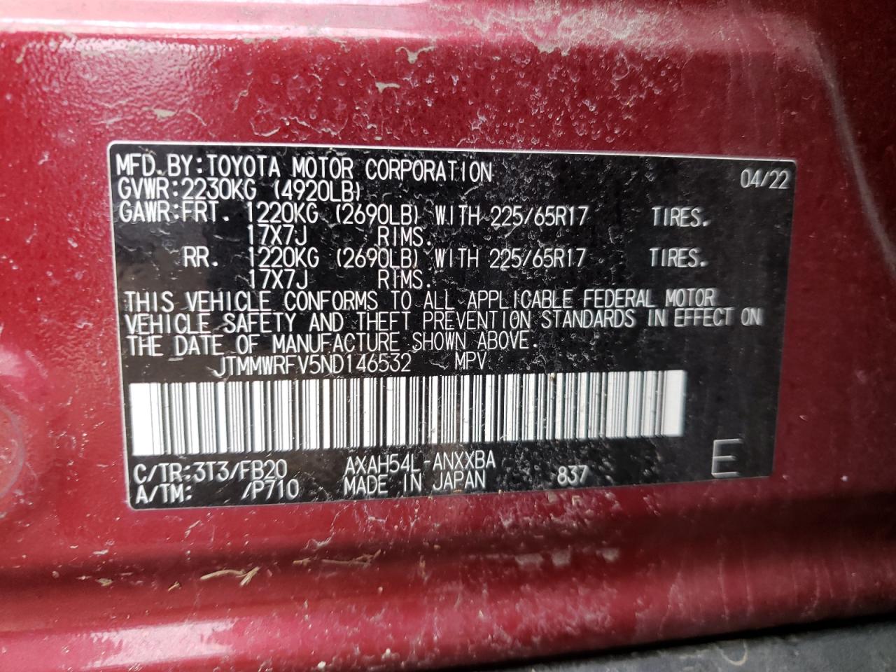 2022 TOYOTA RAV4 LE VIN:JTMMWRFV5ND146532