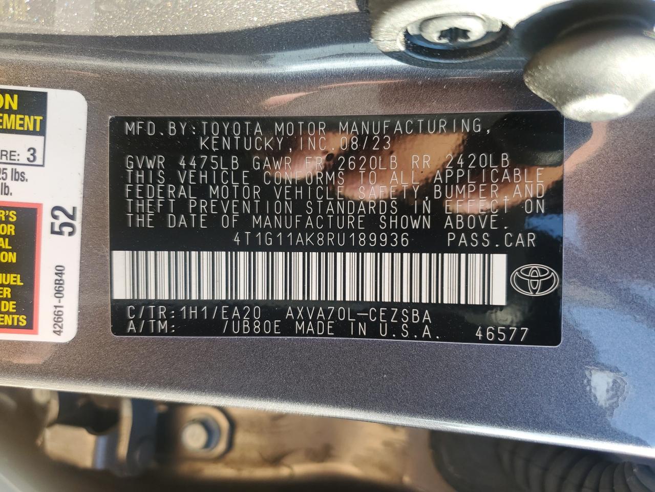 2024 TOYOTA CAMRY SE NIGHT SHADE VIN:4T1G11AK8RU189936