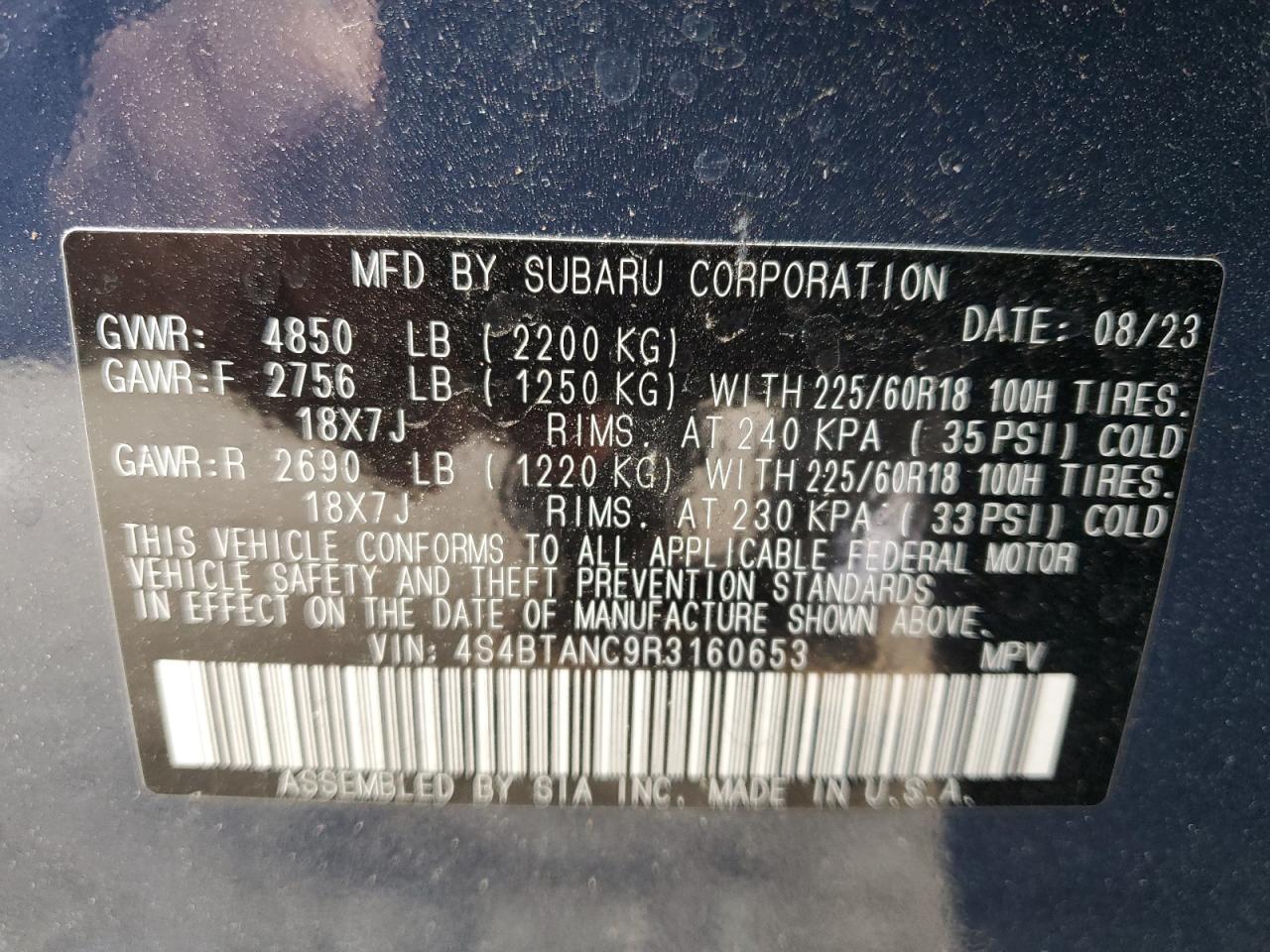 2024 SUBARU OUTBACK LIMITED VIN:4S4BTANC9R3160653