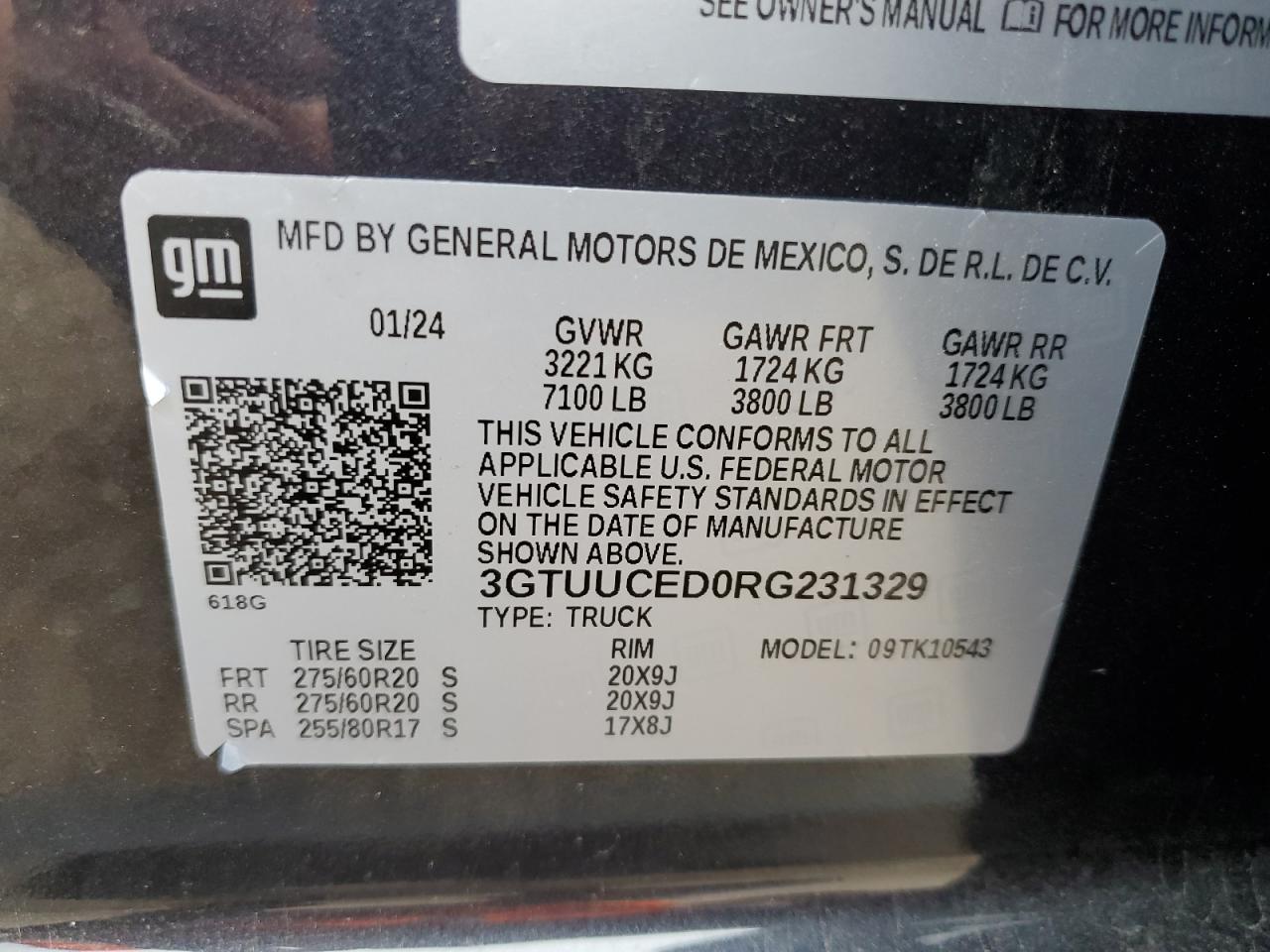 2024 GMC SIERRA K1500 ELEVATION VIN:3GTUUCED0RG231329