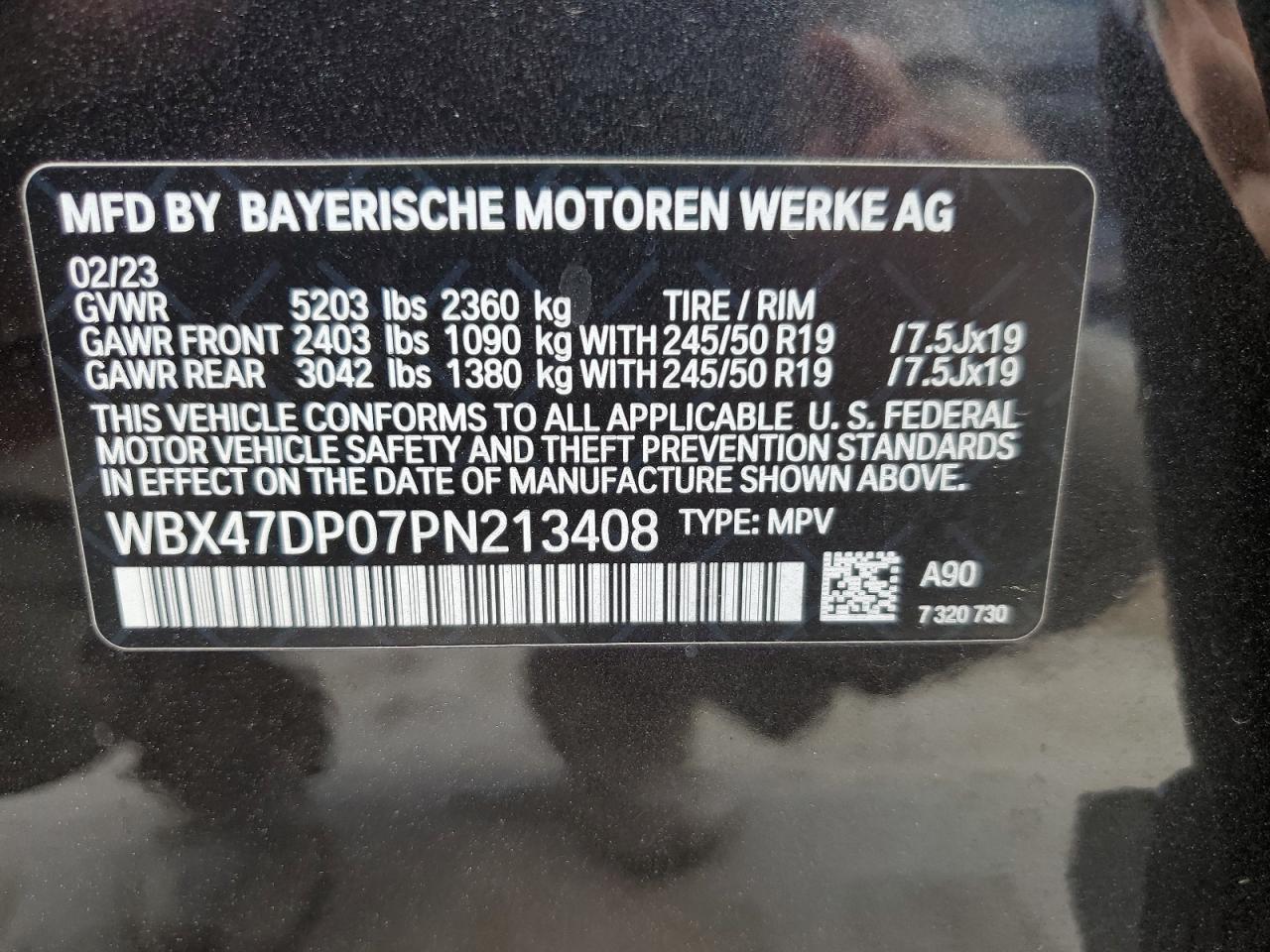 2023 BMW X3 SDRIVE30I VIN:WP0AA2A8XNS255297