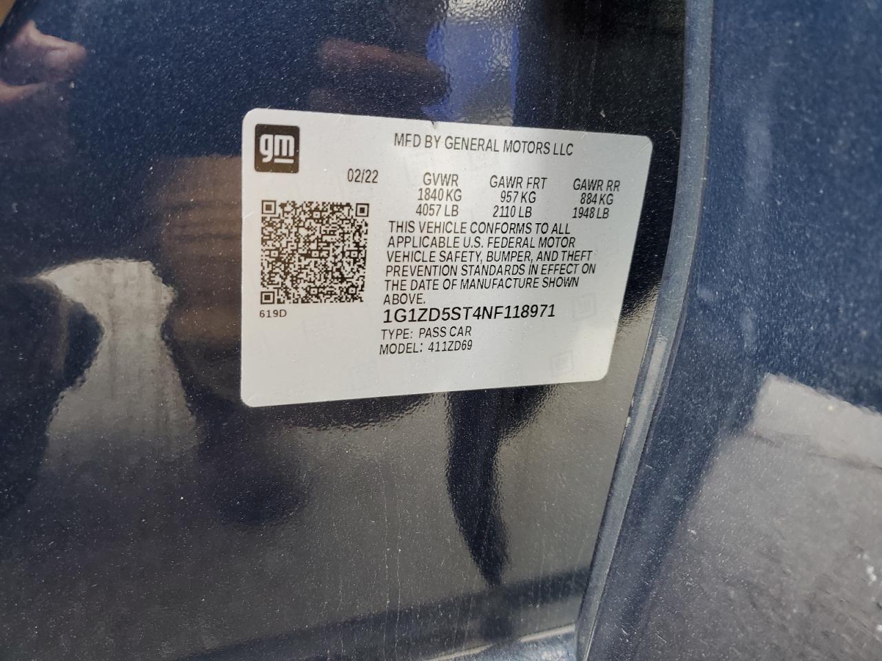 2022 CHEVROLET MALIBU LT VIN:1G1ZD5ST4NF118971