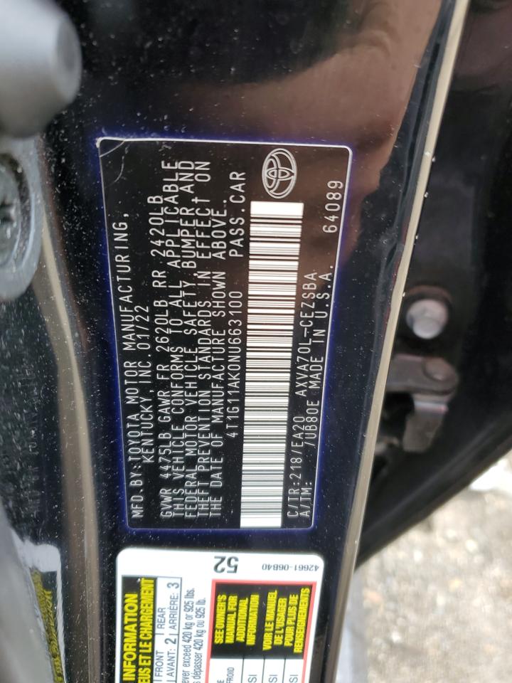 2022 TOYOTA CAMRY SE VIN:4T1G11AK0NU663100