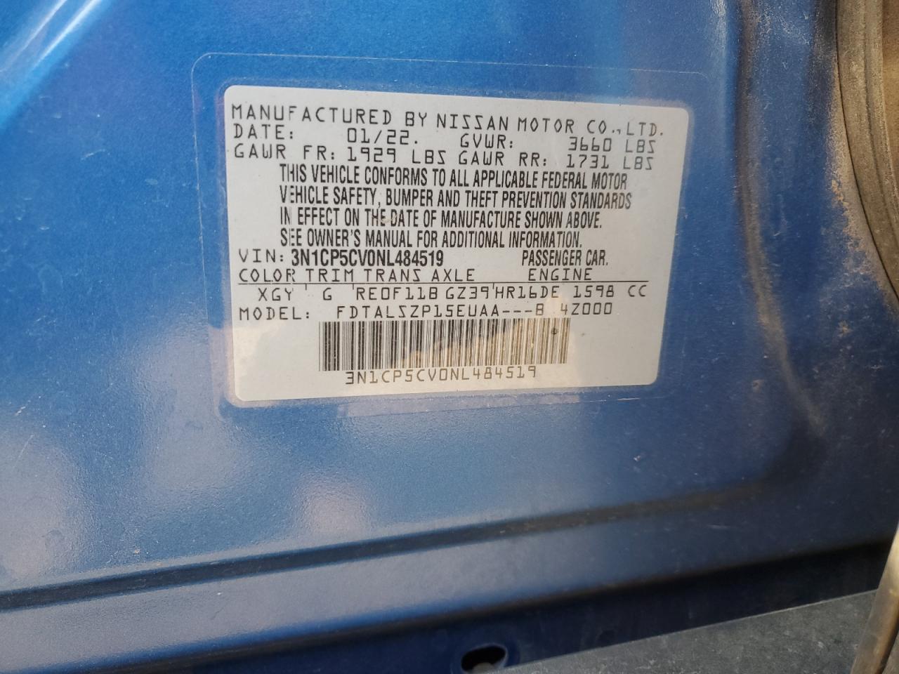 2022 NISSAN KICKS SV VIN:3N1CP5CV0NL484519