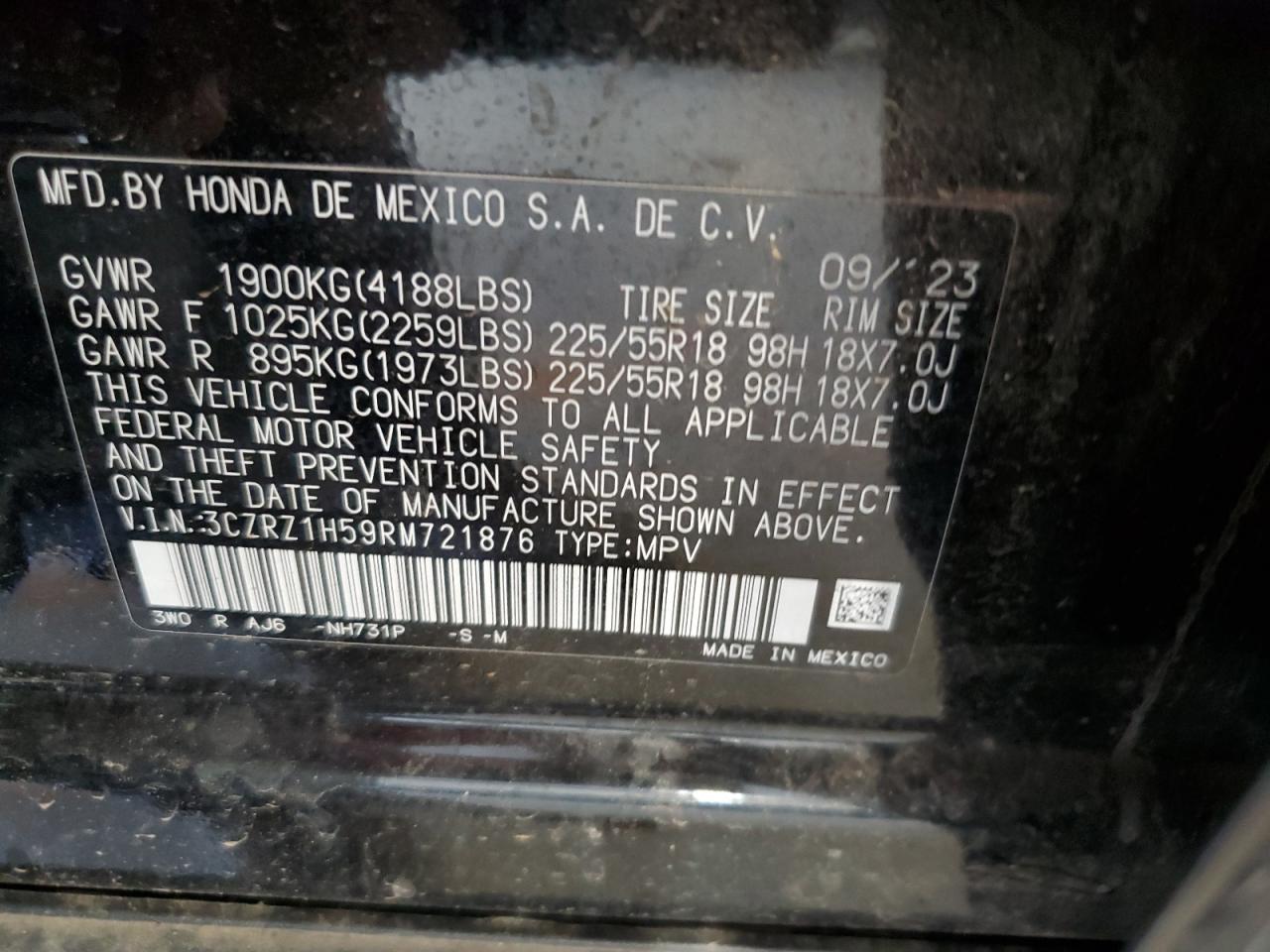 2024 HONDA HR-V SPORT VIN:3CZRZ1H59RM721876