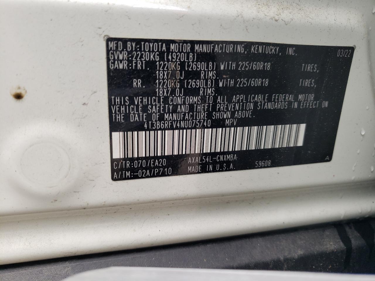 2022 TOYOTA RAV4 XLE PREMIUM VIN:4T3B6RFV4NU075740