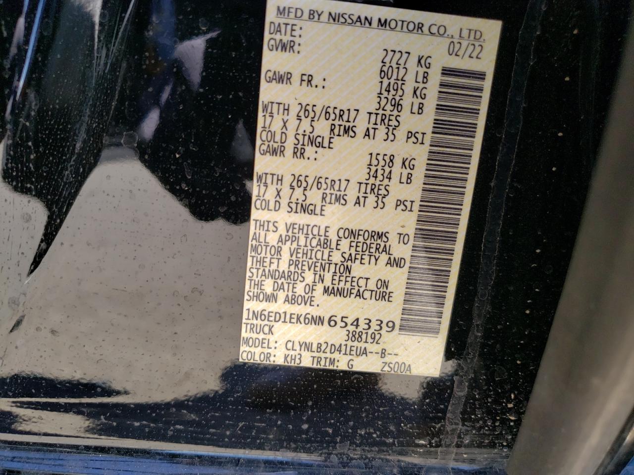 2022 NISSAN FRONTIER S VIN:1N6ED1EK6NN654339