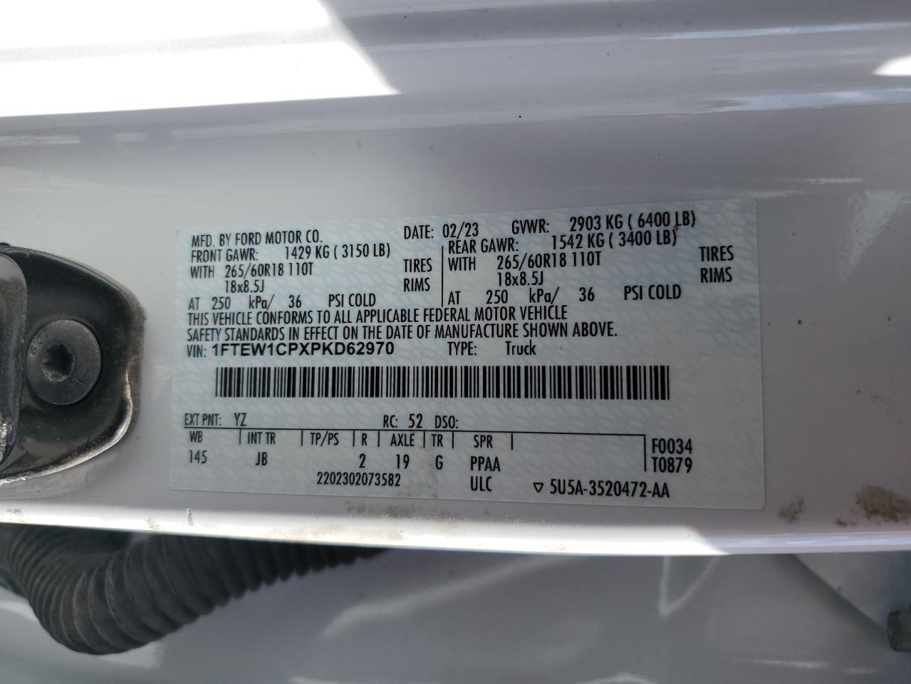2023 FORD F150 SUPERCREW VIN:1FTEW1CPXPKD62970
