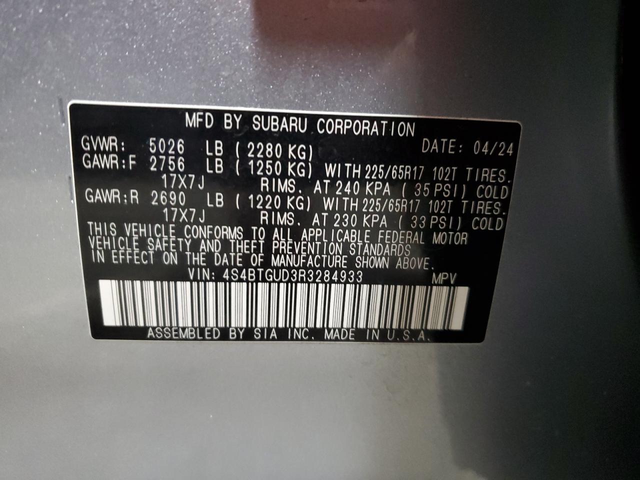 2024 SUBARU OUTBACK WILDERNESS VIN:4S4BTGUD3R3284933