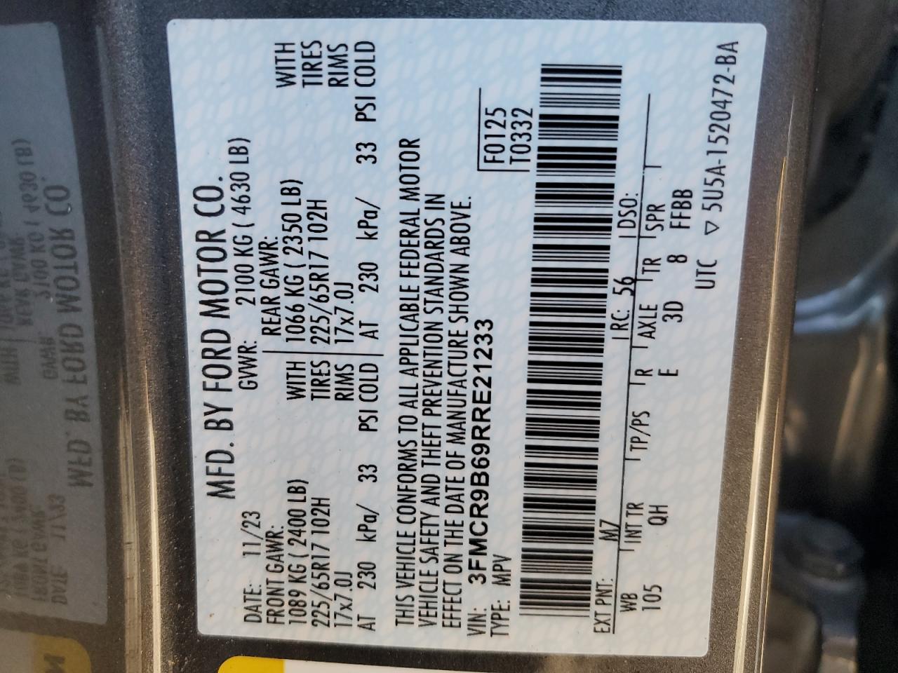 2024 FORD BRONCO SPORT BIG BEND VIN:3FMCR9B69RRE21233
