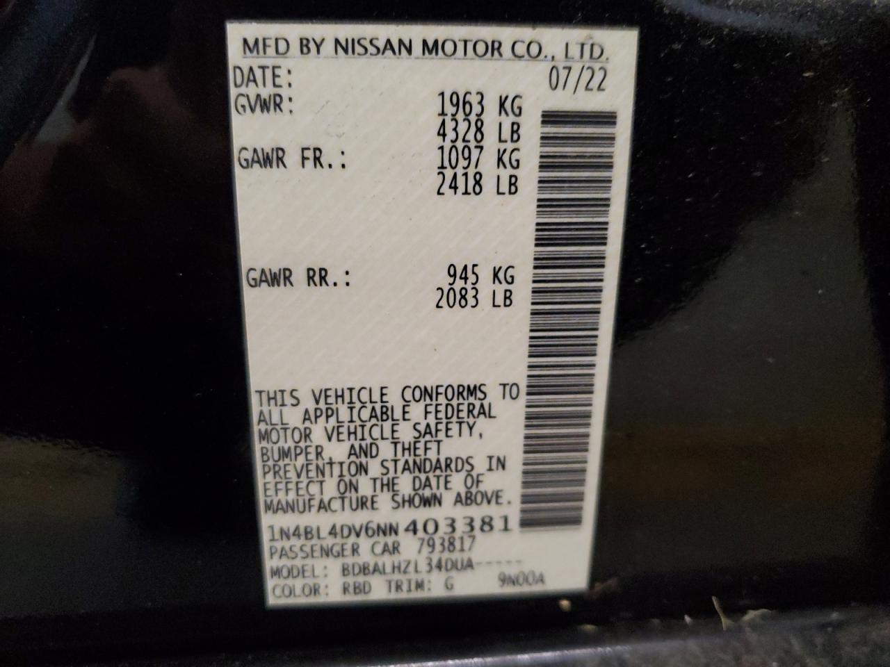 2022 NISSAN ALTIMA SV VIN:1N4BL4DV6NN403381