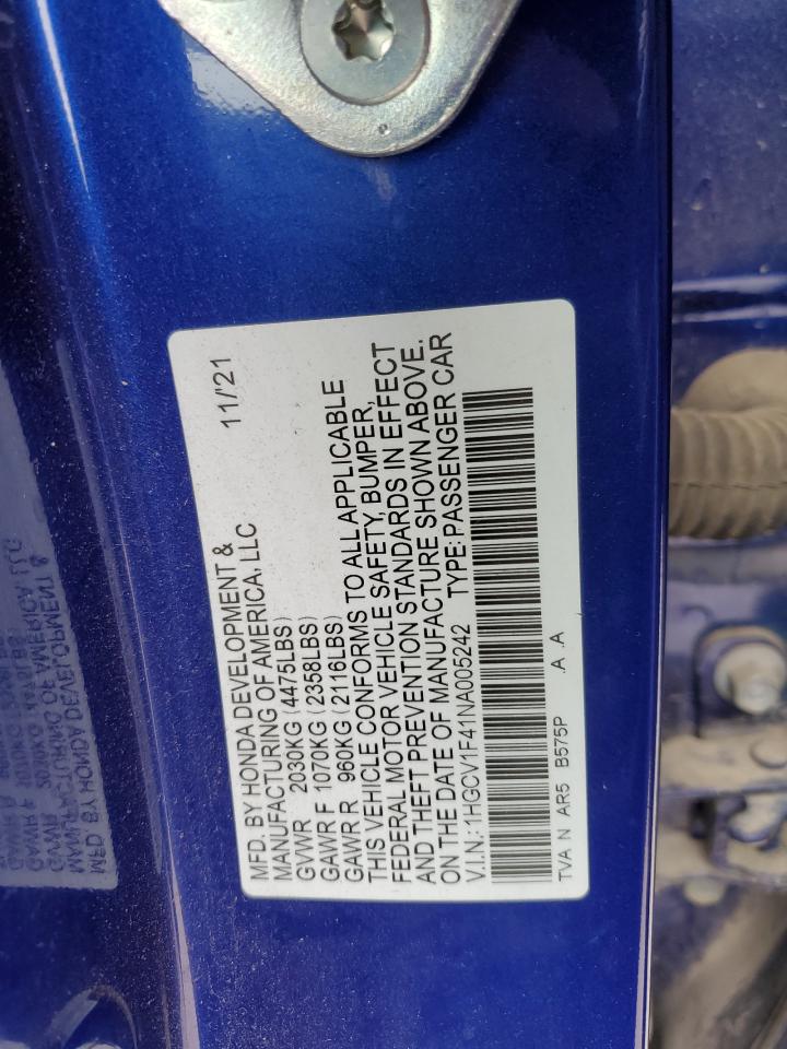 2022 HONDA ACCORD SPORT SE VIN:1HGCV1F41NA005242