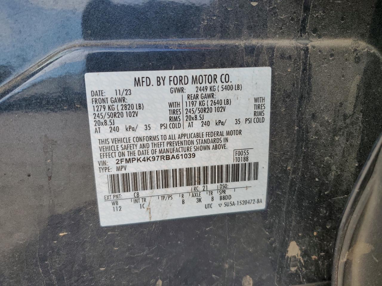 2024 FORD EDGE TITANIUM VIN:2FMPK4K97RBA61039