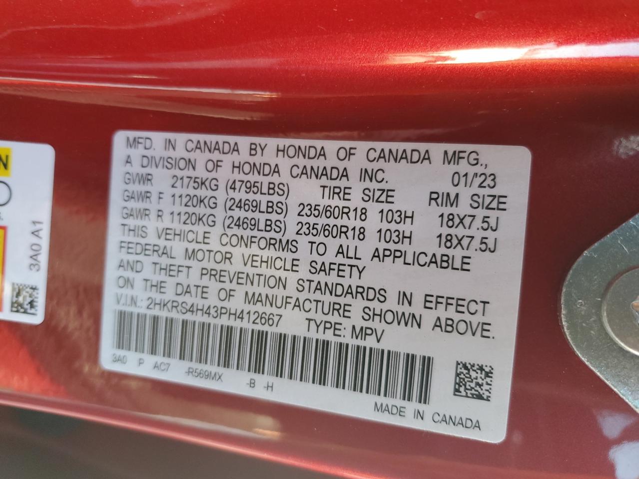2023 HONDA CR-V EX VIN:2HKRS4H43PH412667