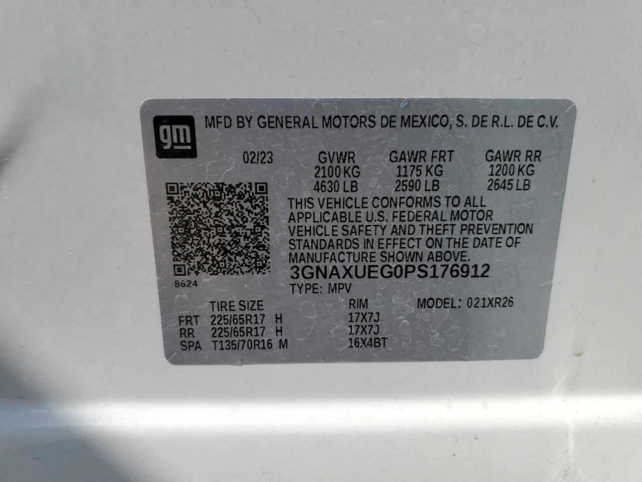 2023 CHEVROLET EQUINOX LT VIN:3GNAXUEG0PS176912