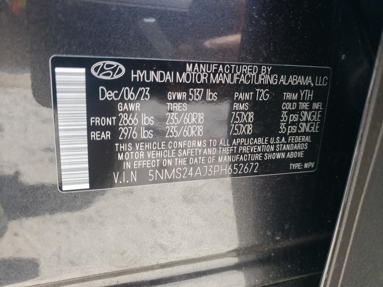 2023 HYUNDAI SANTA FE SEL VIN:5NMS24AJ3PH652672