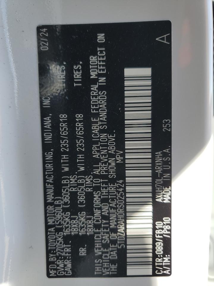 2024 TOYOTA HIGHLANDER HYBRID LE VIN:5TDZARAH0RS025424