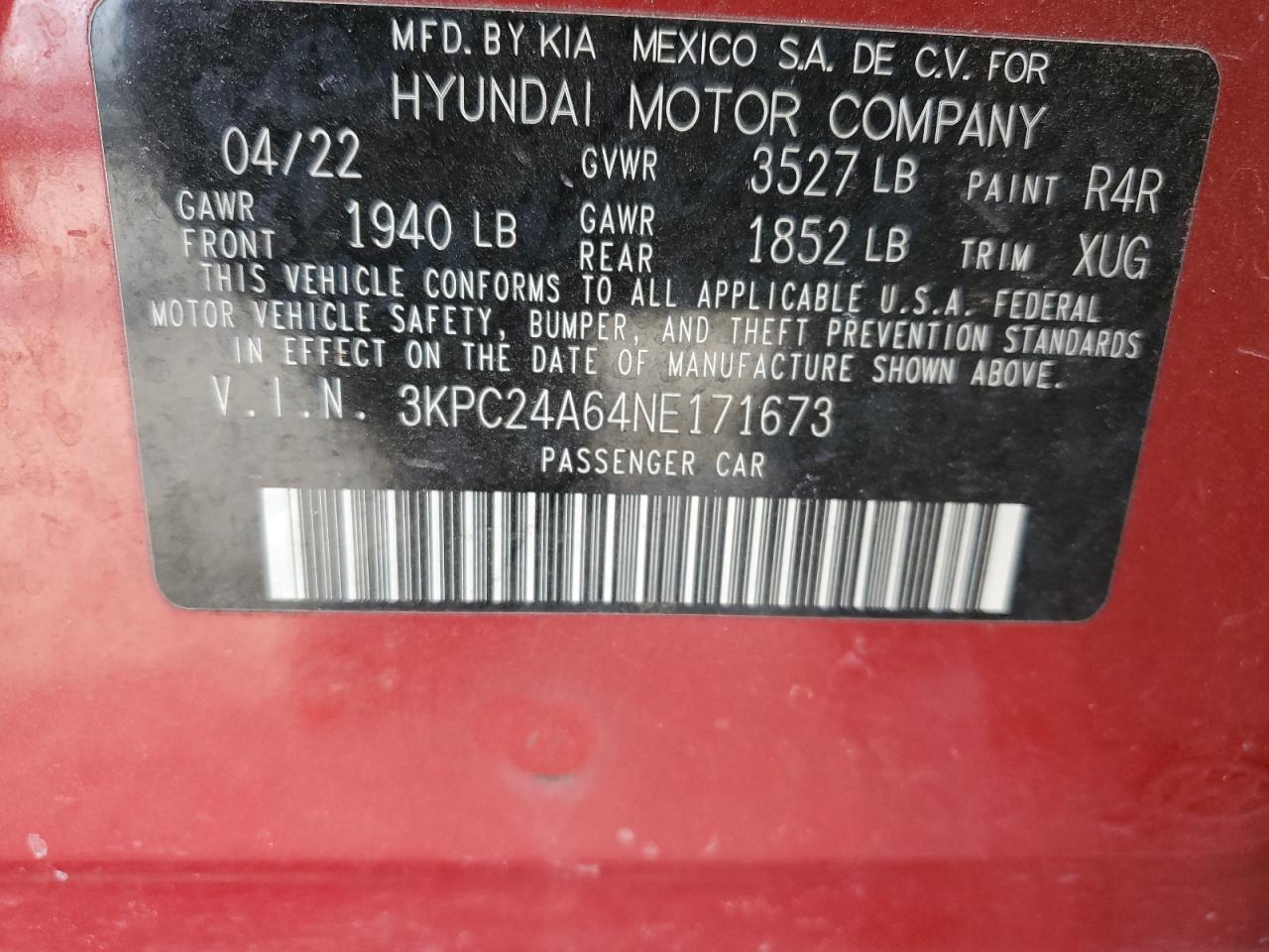 2022 HYUNDAI ACCENT SE VIN:3KPC24A64NE171673