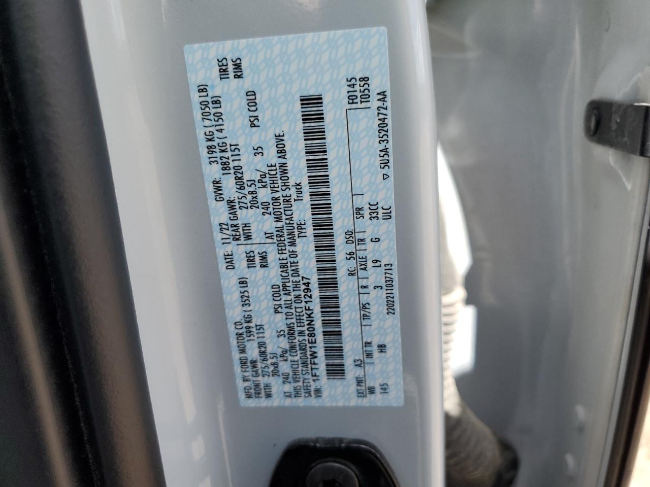 2022 FORD F150 SUPERCREW VIN:1FTFW1E80NKF12947