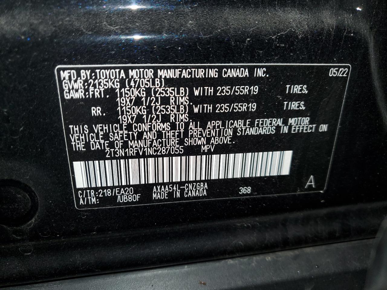 2022 TOYOTA RAV4 LIMITED VIN:2T3N1RFV1NC287055