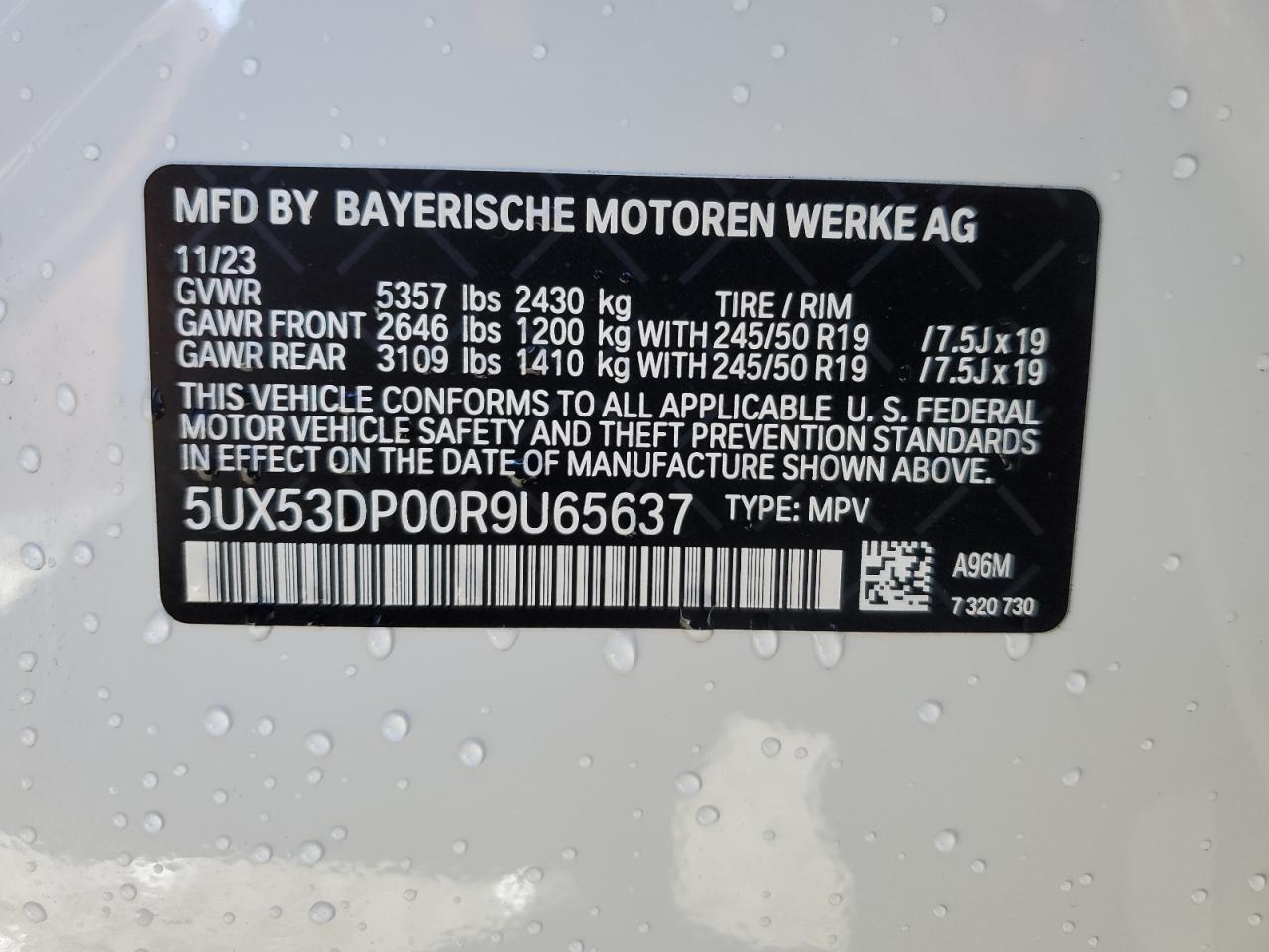 2024 BMW X3 XDRIVE30I VIN:5UX53DP00R9U65637