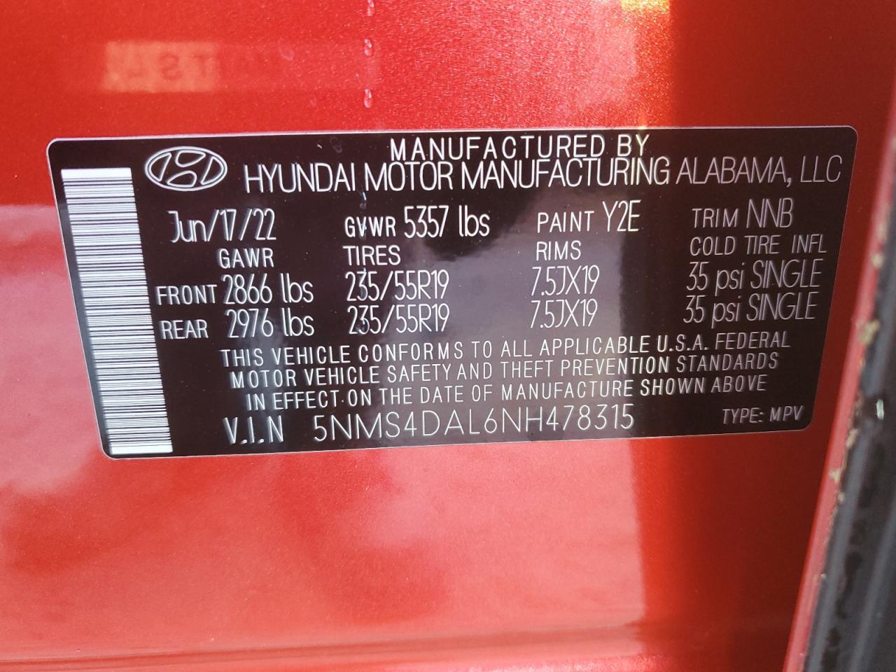 2022 HYUNDAI SANTA FE LIMITED VIN:5NMS4DAL6NH478315