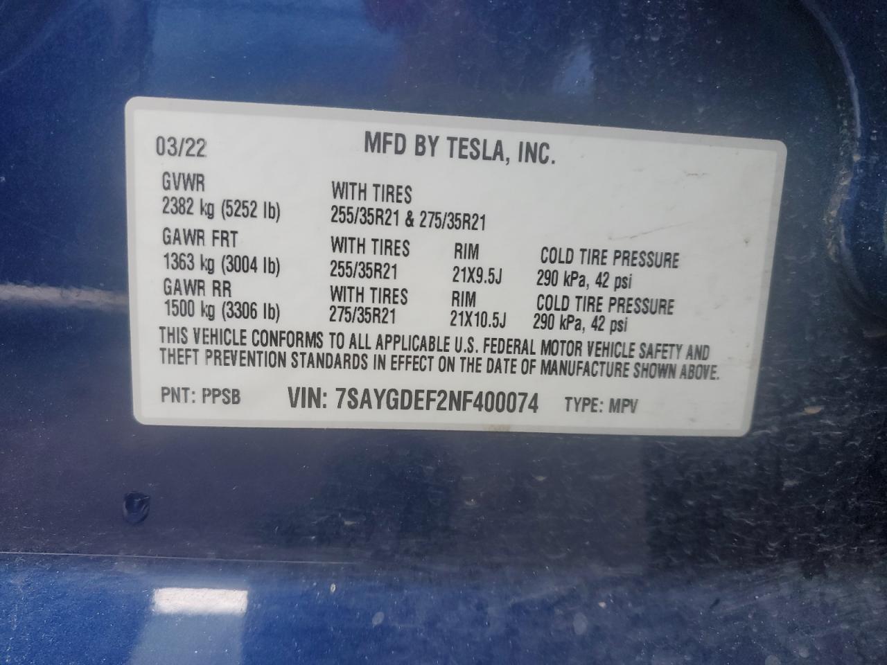2022 TESLA MODEL Y  VIN:7SAYGDEF2NF400074