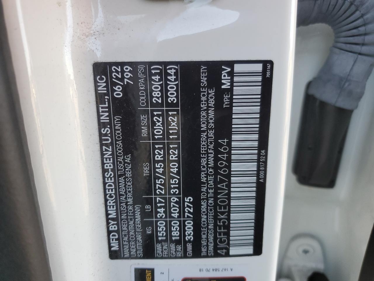 2022 MERCEDES-BENZ GLS 450 4MATIC VIN:4JGFF5KE0NA769464