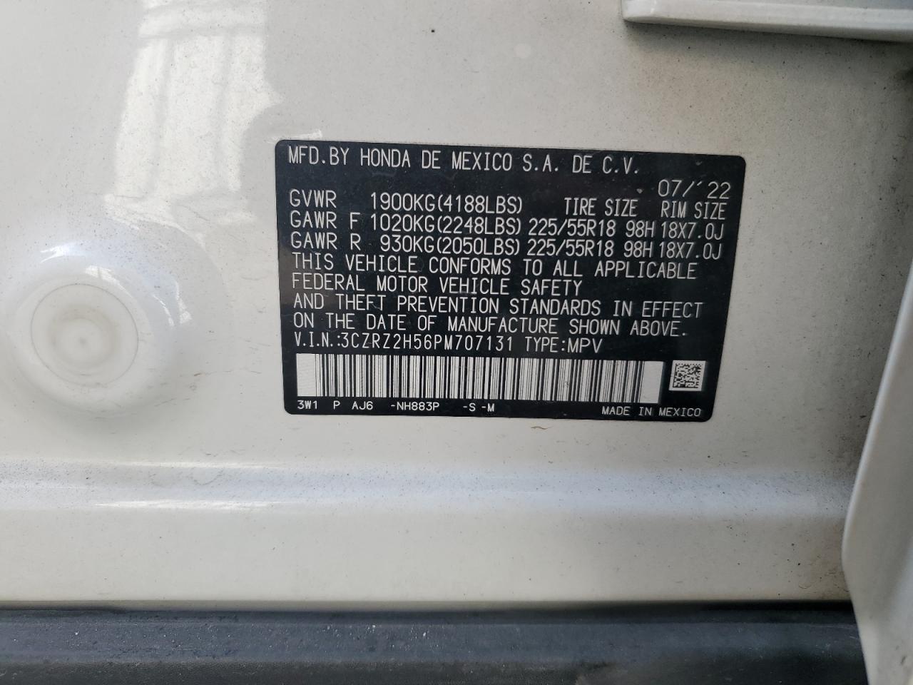 2023 HONDA HR-V SPORT VIN:3CZRZ2H56PM707131