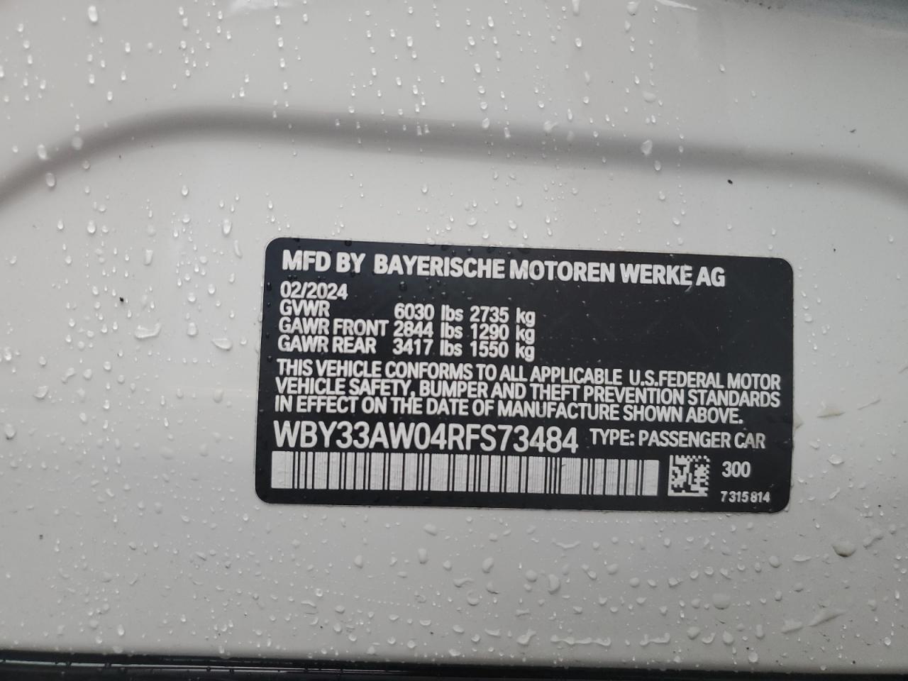 2024 BMW I4 M50 VIN:WBY33AW04RFS73484