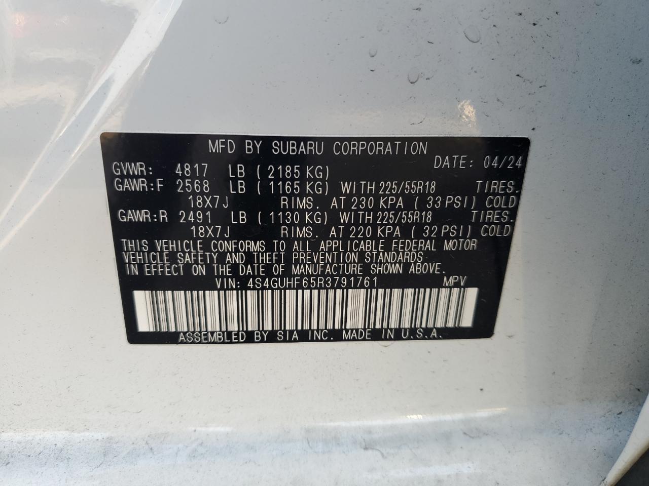 2024 SUBARU CROSSTREK SPORT VIN:4S4GUHF65R3791761