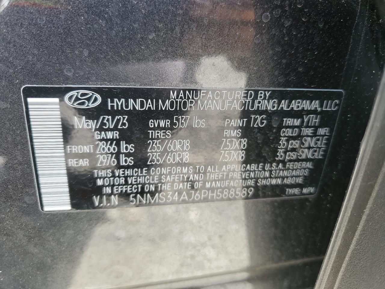 2023 HYUNDAI SANTA FE SEL PREMIUM VIN:5NMS34AJ6PH588589