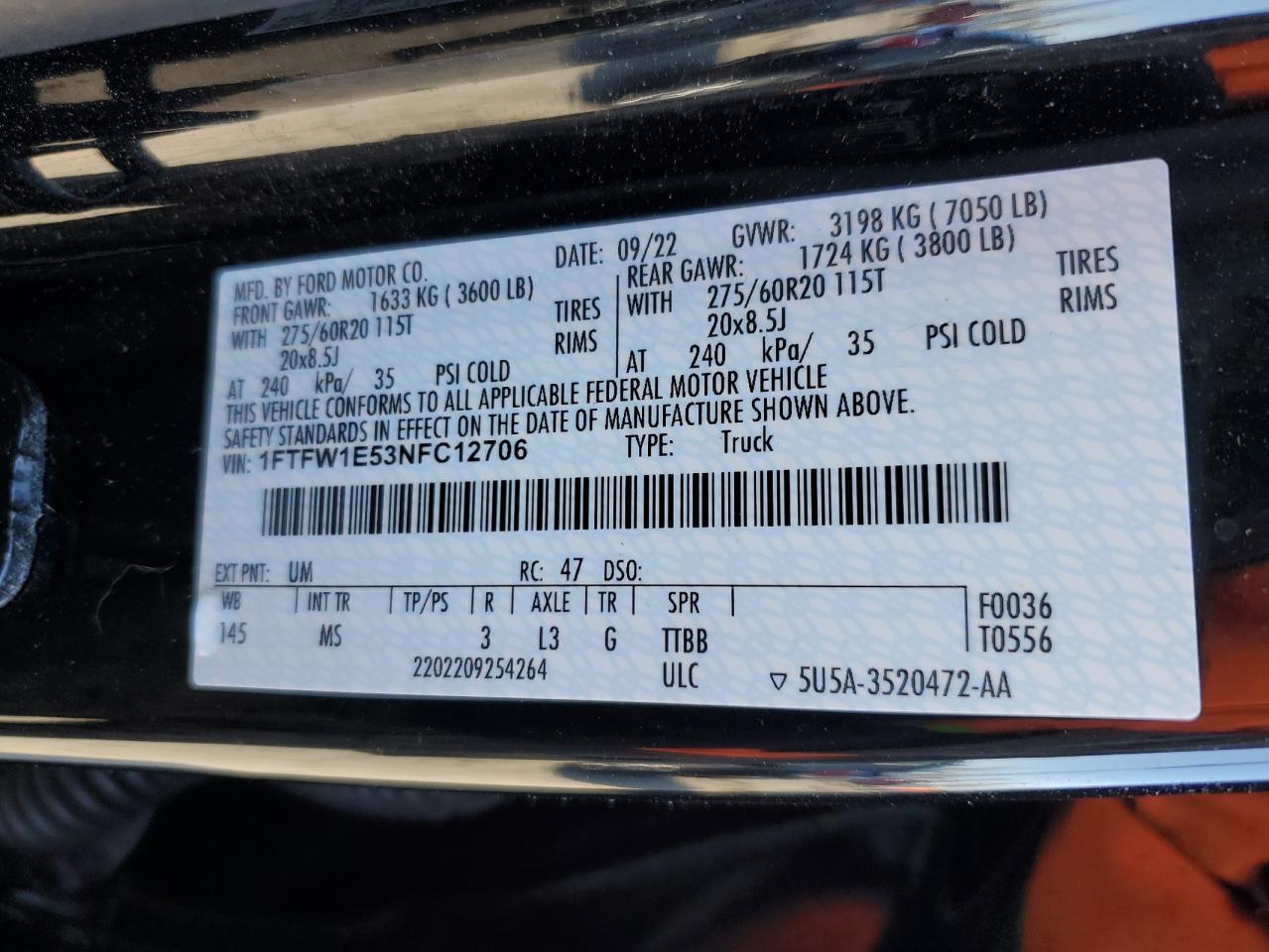 2022 FORD F150 SUPERCREW VIN:1FTFW1E53NFC12706